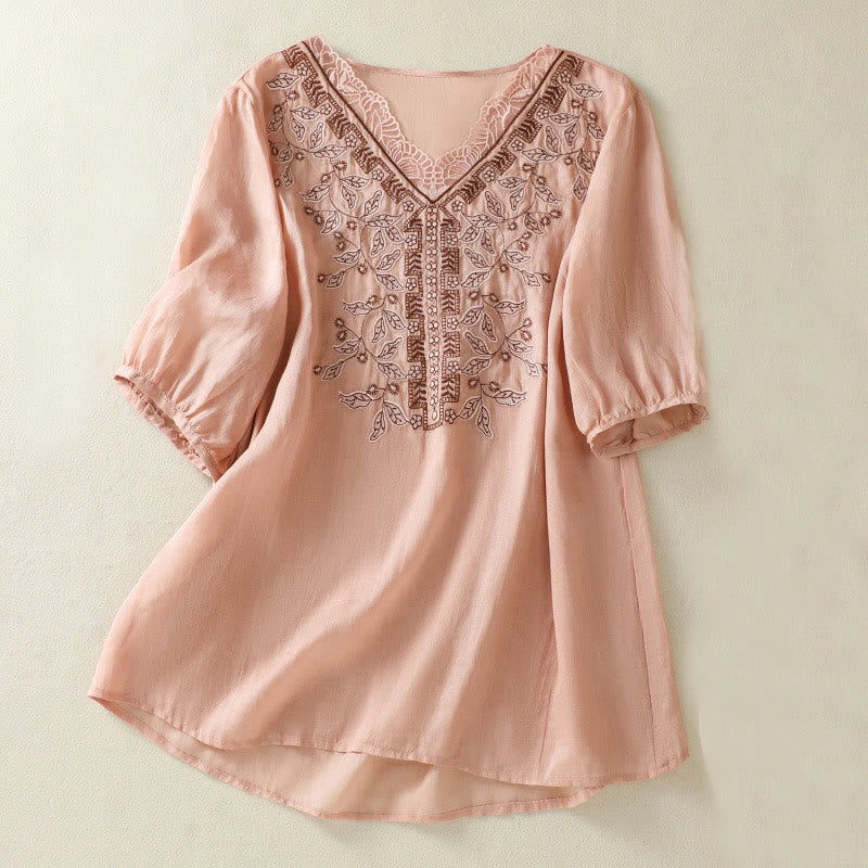 Buddha Stones Embroidered Lace Casual Women's Cotton Linen Half Sleeve T-shirt - Pink - US8-10,UK/AU12-14,EU40-42 (2XL) - image 19