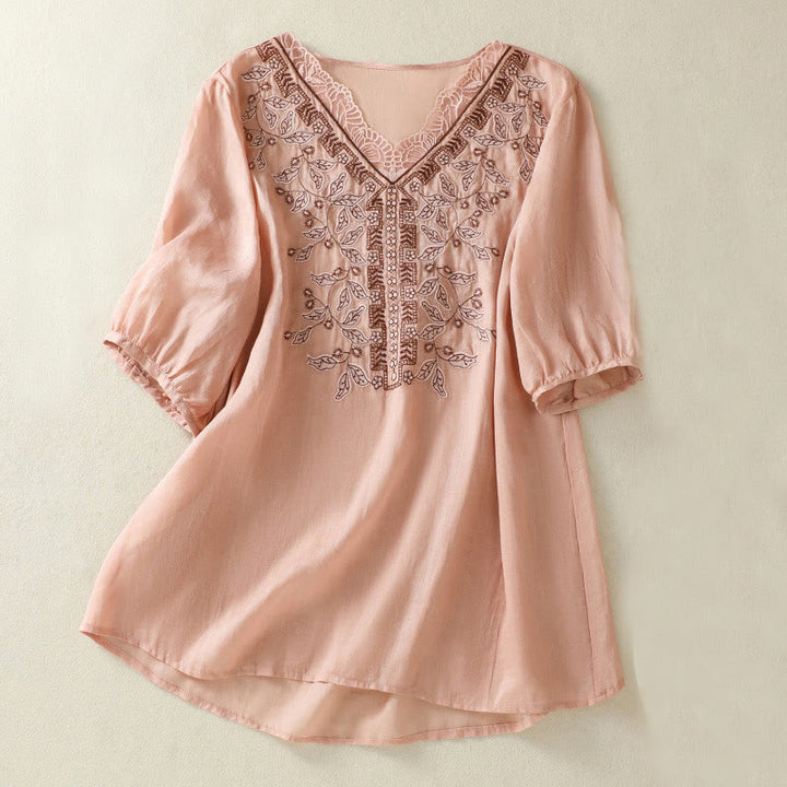 Buddha Stones Embroidered Lace Casual Women's Cotton Linen Half Sleeve T-shirt - Pink - US8-10,UK/AU12-14,EU40-42 (2XL) - image 19