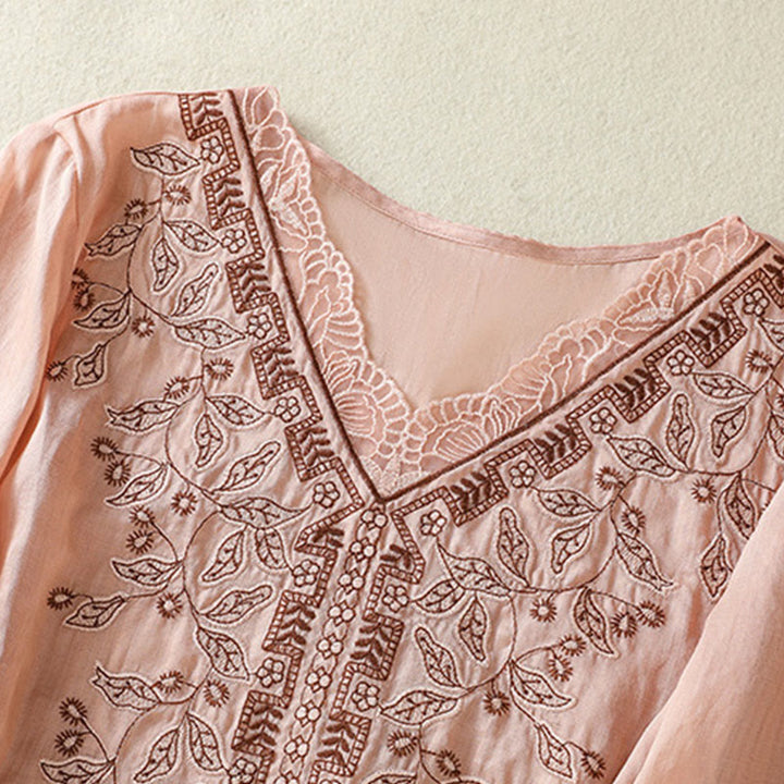 Buddha Stones Embroidered Lace Casual Women's Cotton Linen Half Sleeve T-shirt - image 26