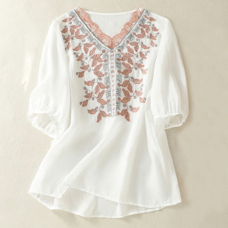 Buddha Stones Embroidered Lace Casual Women's Cotton Linen Half Sleeve T-shirt - White - US8-10,UK/AU12-14,EU40-42 (2XL) - image 29