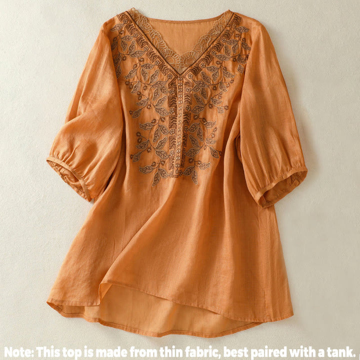 Buddha Stones Embroidered Lace Casual Women's Cotton Linen Half Sleeve T-shirt - image 1