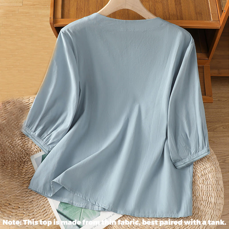 Buddha Stones Symmetrical Embroidery Cotton Women's V-neck Shirt - image 6