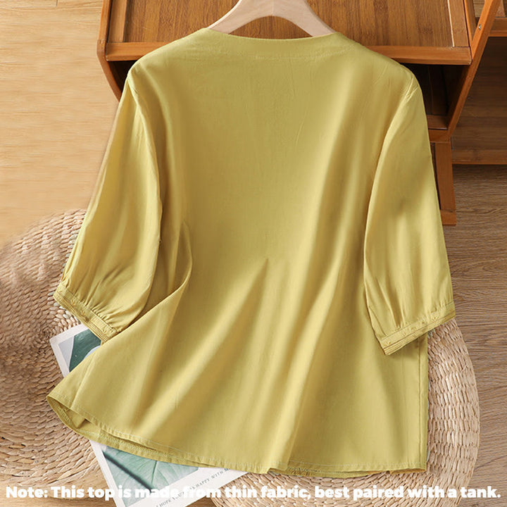 Buddha Stones Symmetrical Embroidery Cotton Women's V-neck Shirt - image 14