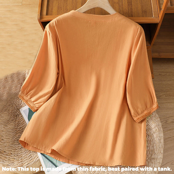 Buddha Stones Symmetrical Embroidery Cotton Women's V-neck Shirt - image 20