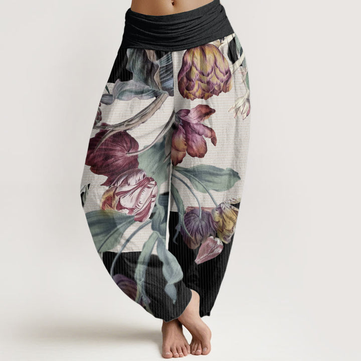 Buddha Stones Pure Cotton Tulips Green Leaves Design Women's Elastic Waist Harem Pants - Black - US22,UK/AU26,EU54 (6XL) - image 0