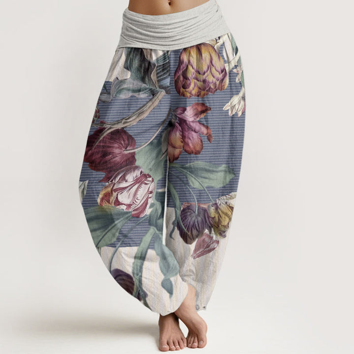 Buddha Stones Pure Cotton Tulips Green Leaves Design Women's Elastic Waist Harem Pants - Beige - US22,UK/AU26,EU54 (6XL) - image 6