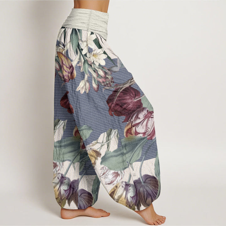 Buddha Stones Pure Cotton Tulips Green Leaves Design Women's Elastic Waist Harem Pants - image 8