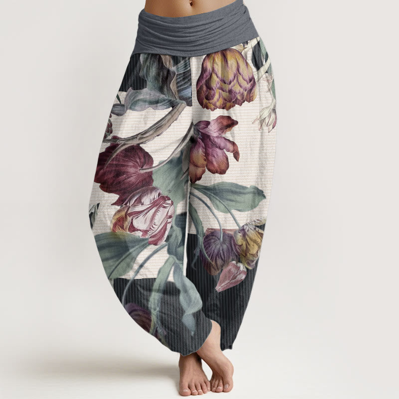 Buddha Stones Pure Cotton Tulips Green Leaves Design Women's Elastic Waist Harem Pants - LightSteelBlue - US22,UK/AU26,EU54 (6XL) - image 9