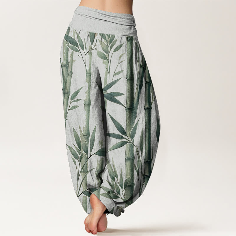 Buddha Stones Pure Cotton Casual Bamboo Leaves Pattern Women's Elastic Waist Harem Pants - image 1