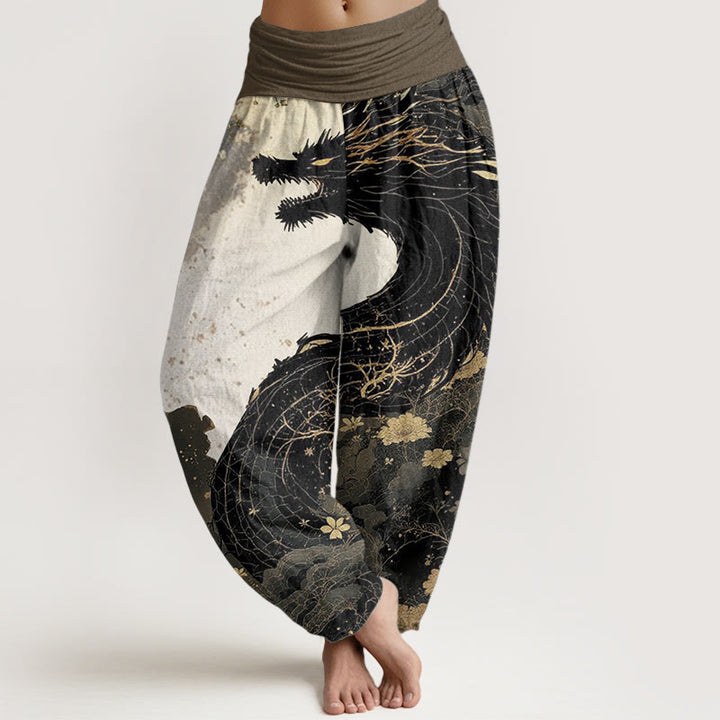 Buddha Stones Pure Cotton Casual Dragon Ancient Tree Pattern Women's Elastic Waist Harem Pants - Black - US22,UK/AU26,EU54 (6XL) - image 0