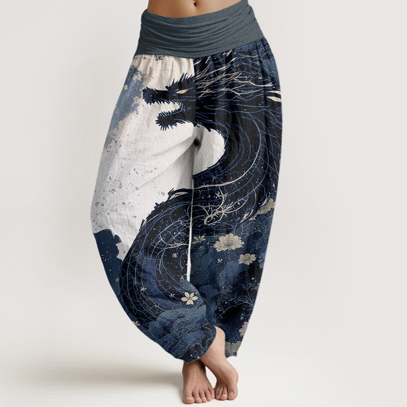 Buddha Stones Pure Cotton Casual Dragon Ancient Tree Pattern Women's Elastic Waist Harem Pants - SteelBlue - US22,UK/AU26,EU54 (6XL) - image 9