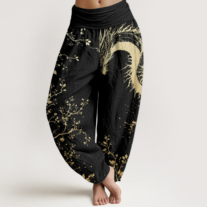 Buddha Stones Pure Cotton Casual Dragon Flower Leaf Pattern Women's Elastic Waist Harem Pants - Black - US22,UK/AU26,EU54 (6XL) - image 0