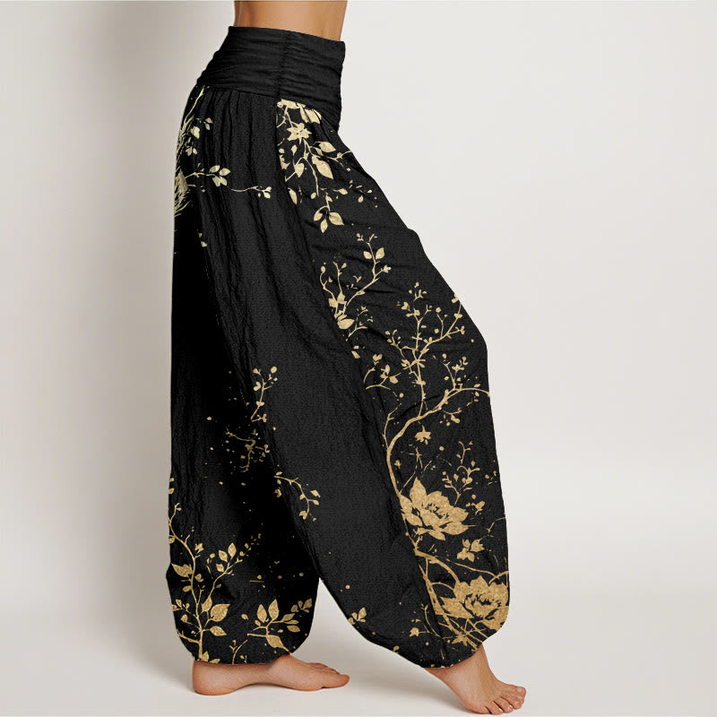 Buddha Stones Pure Cotton Casual Dragon Flower Leaf Pattern Women's Elastic Waist Harem Pants - image 2