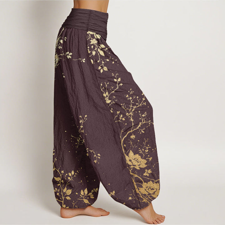 Buddha Stones Pure Cotton Casual Dragon Flower Leaf Pattern Women's Elastic Waist Harem Pants - image 8