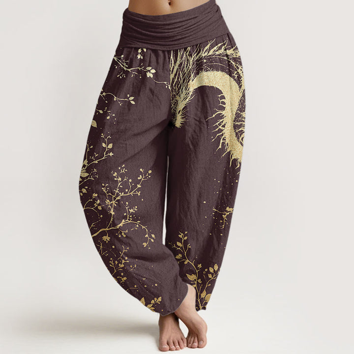 Buddha Stones Pure Cotton Casual Dragon Flower Leaf Pattern Women's Elastic Waist Harem Pants - Maroon - US22,UK/AU26,EU54 (6XL) - image 6