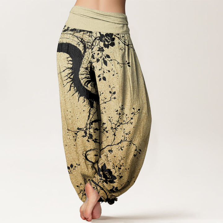Buddha Stones Pure Cotton Casual Dragon Flower Leaf Pattern Women's Elastic Waist Harem Pants - image 10