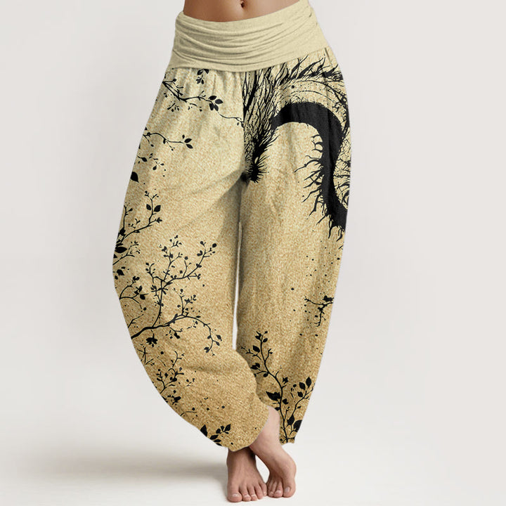 Buddha Stones Pure Cotton Casual Dragon Flower Leaf Pattern Women's Elastic Waist Harem Pants - Khaki - US22,UK/AU26,EU54 (6XL) - image 9