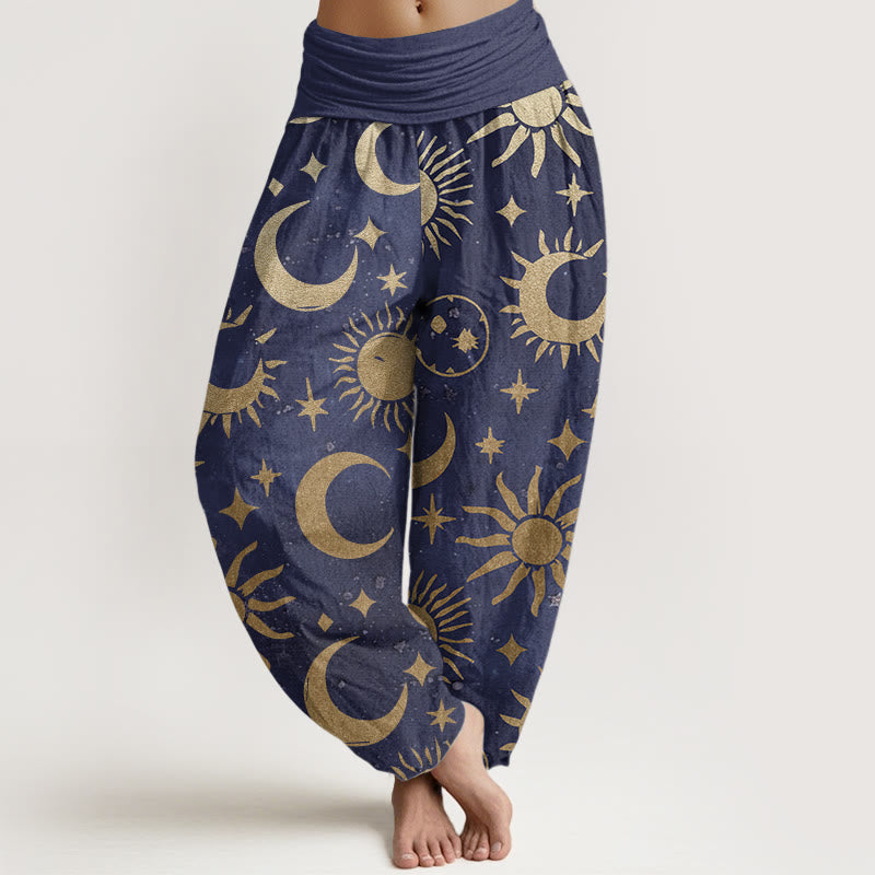 Buddha Stones Pure Cotton Crescent Moon Sun Stars Pattern Design Women's Elastic Waist Harem Pants - SlateBlue - US22,UK/AU26,EU54 (6XL) - image 6