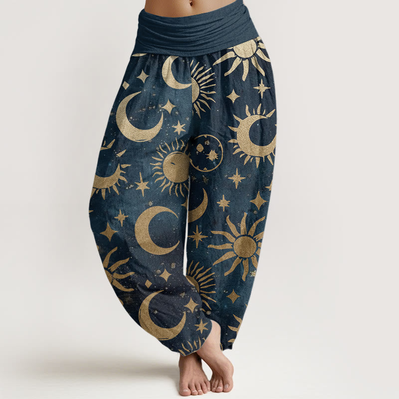 Buddha Stones Pure Cotton Crescent Moon Sun Stars Pattern Design Women's Elastic Waist Harem Pants - SteelBlue - US22,UK/AU26,EU54 (6XL) - image 9
