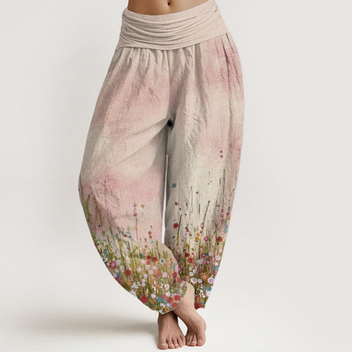 Buddha Stones Pure Cotton Casual Colorful Wildflower Field Pattern Women's Elastic Waist Harem Pants - AntiqueWhite - US22,UK/AU26,EU54 (6XL) - image 0