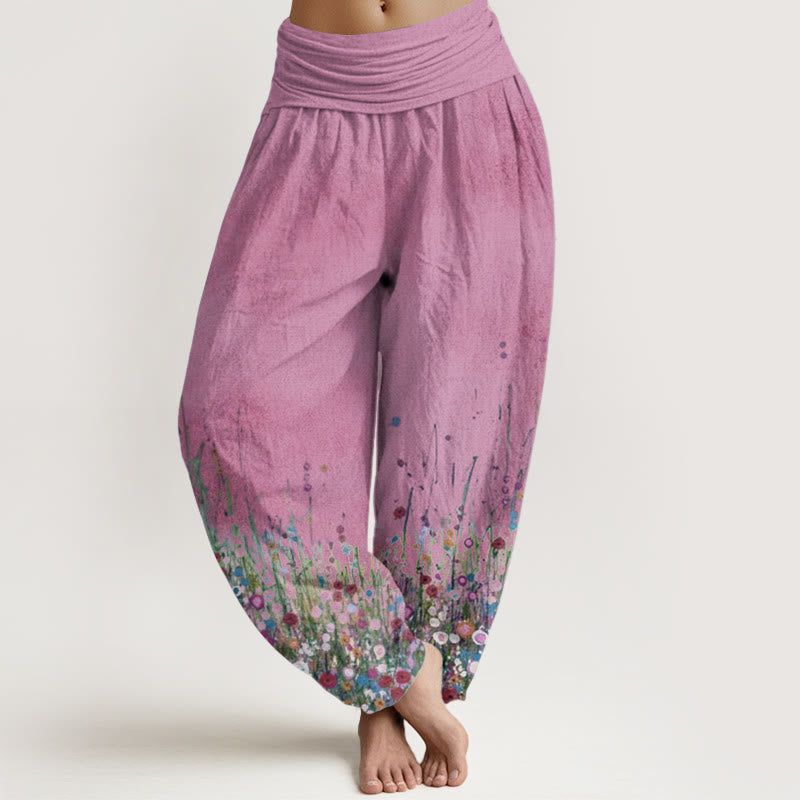 Buddha Stones Pure Cotton Casual Colorful Wildflower Field Pattern Women's Elastic Waist Harem Pants - HotPink - US22,UK/AU26,EU54 (6XL) - image 9