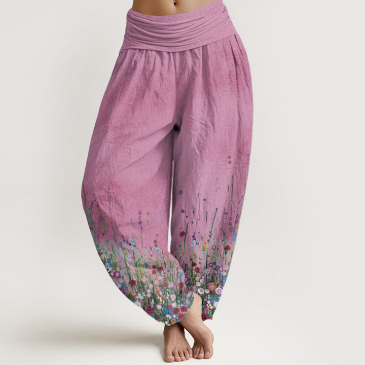 Buddha Stones Pure Cotton Casual Colorful Wildflower Field Pattern Women's Elastic Waist Harem Pants - HotPink - US22,UK/AU26,EU54 (6XL) - image 9