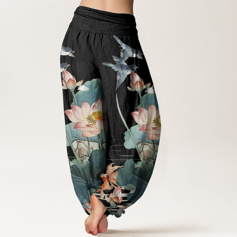 Buddha Stones Casual Summer Lotus Pond Pattern Women's Elastic Waist Harem Pants - image 6