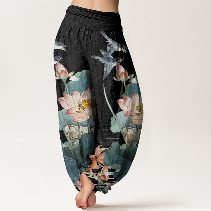 Buddha Stones Casual Summer Lotus Pond Pattern Women's Elastic Waist Harem Pants - image 6