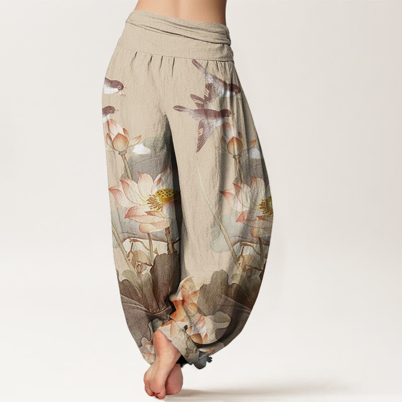 Buddha Stones Casual Summer Lotus Pond Pattern Women's Elastic Waist Harem Pants - image 9