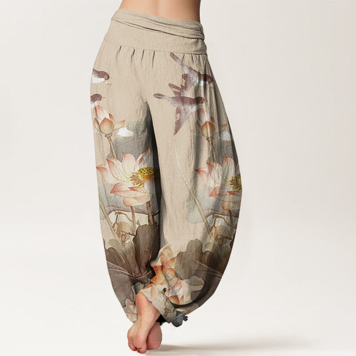 Buddha Stones Casual Summer Lotus Pond Pattern Women's Elastic Waist Harem Pants - image 9