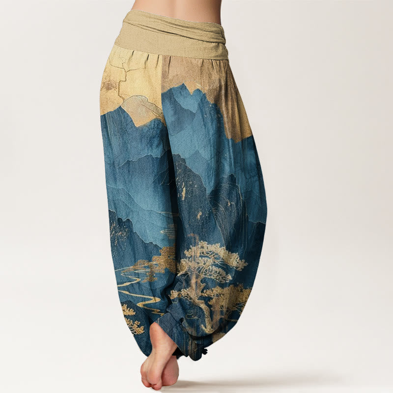 Buddha Stones Casual Mountains Trees Branches Pattern Women's Elastic Waist Harem Pants - image 2