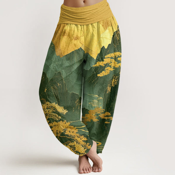Buddha Stones Casual Mountains Trees Branches Pattern Women's Elastic Waist Harem Pants - Green - US22,UK/AU26,EU54 (6XL) - image 4