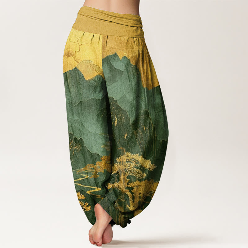 Buddha Stones Casual Mountains Trees Branches Pattern Women's Elastic Waist Harem Pants - image 6
