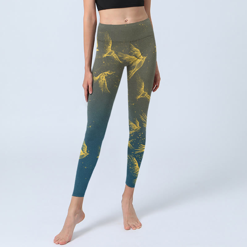 Buddha Stones Golden Flying Birds Print Gym Leggings Women's Yoga Pants - image 5