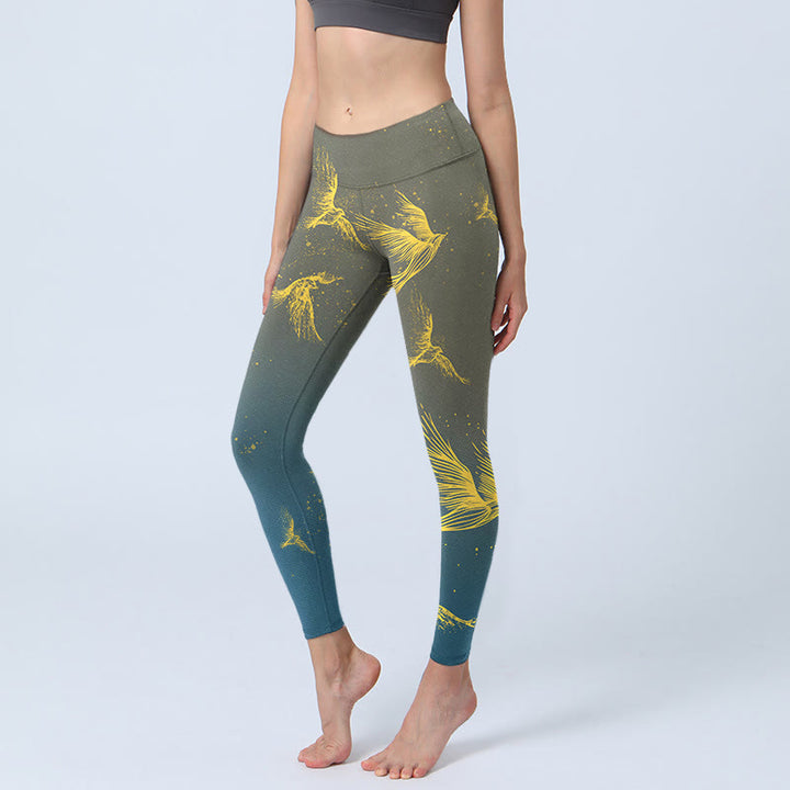 Buddha Stones Golden Flying Birds Print Gym Leggings Women's Yoga Pants - SlateGray - US18,UK/AU22,EU50 (4XL) - image 0