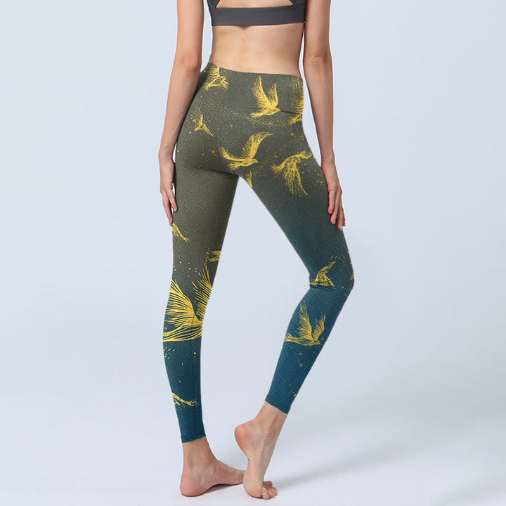 Buddha Stones Golden Flying Birds Print Gym Leggings Women's Yoga Pants - image 4