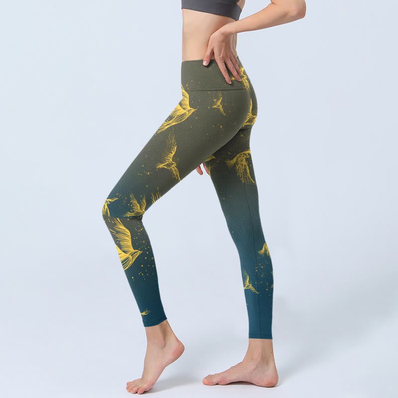 Buddha Stones Golden Flying Birds Print Gym Leggings Women's Yoga Pants - image 2