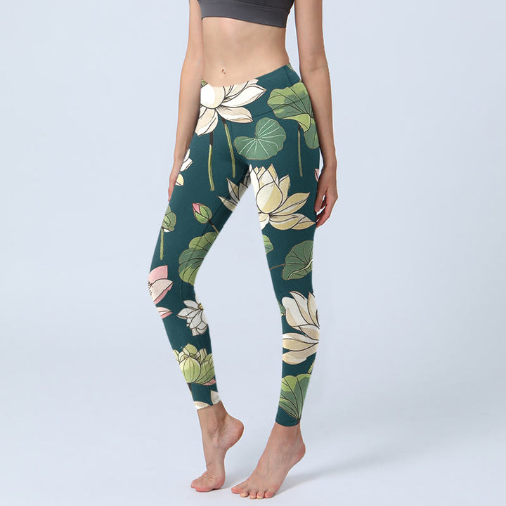 Buddha Stones Beige Pink Lotus Flowers Leaves Print Gym Leggings Women's Yoga Pants - Teal - US18,UK/AU22,EU50 (4XL) - image 0