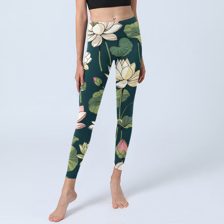 Buddha Stones Beige Pink Lotus Flowers Leaves Print Gym Leggings Women's Yoga Pants - image 5
