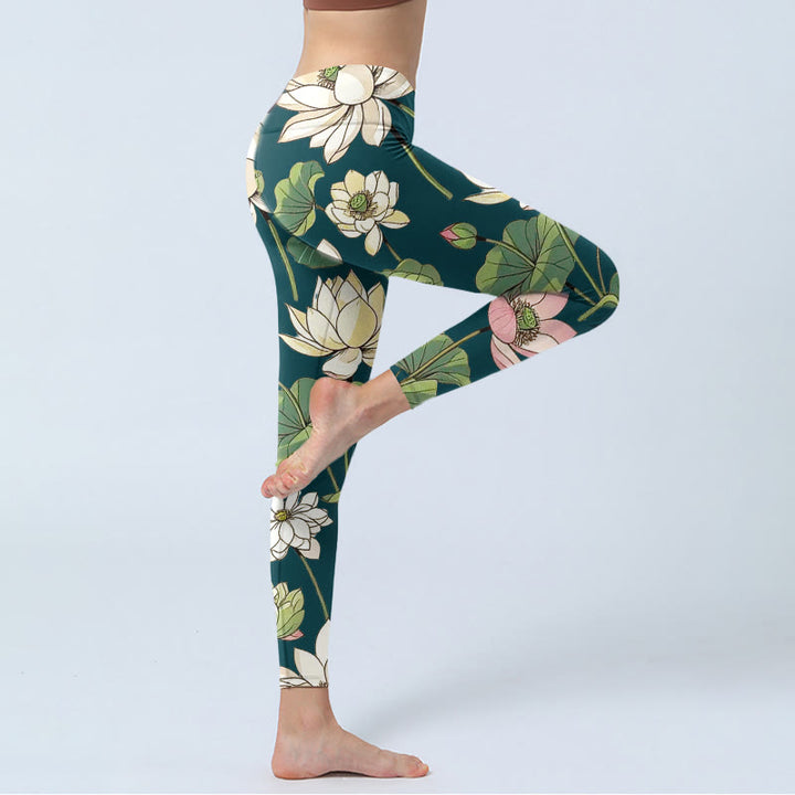 Buddha Stones Beige Pink Lotus Flowers Leaves Print Gym Leggings Women's Yoga Pants - image 3