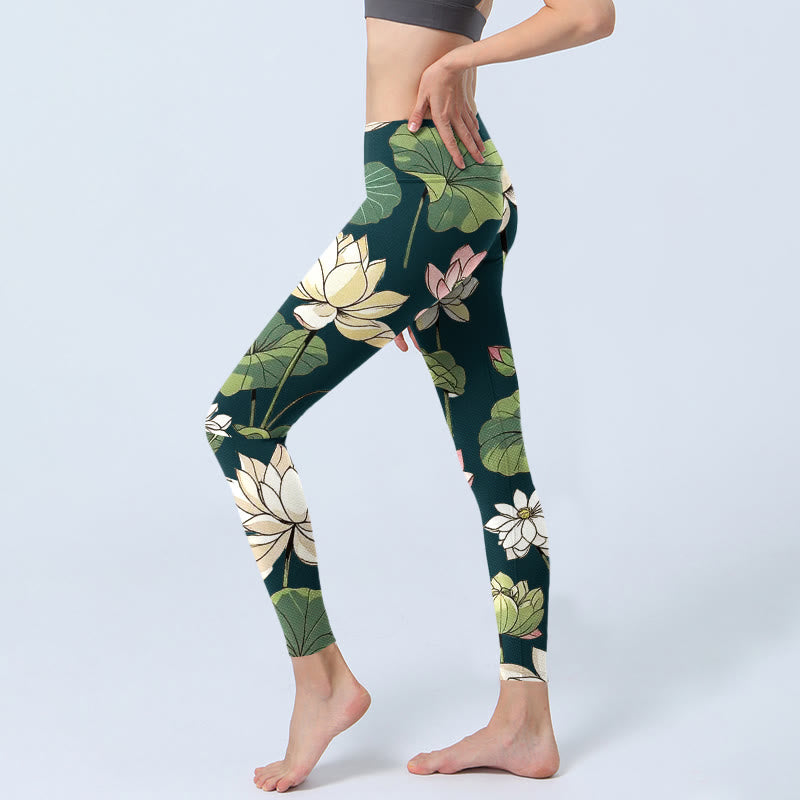 Buddha Stones Beige Pink Lotus Flowers Leaves Print Gym Leggings Women's Yoga Pants - image 2