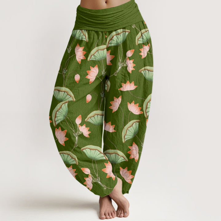Buddha Stones Pink Lotus Flowers Lush Green Leaves Pattern Women's Elastic Waist Harem Pants - OliveDrab - US22,UK/AU26,EU54 (6XL) - image 0