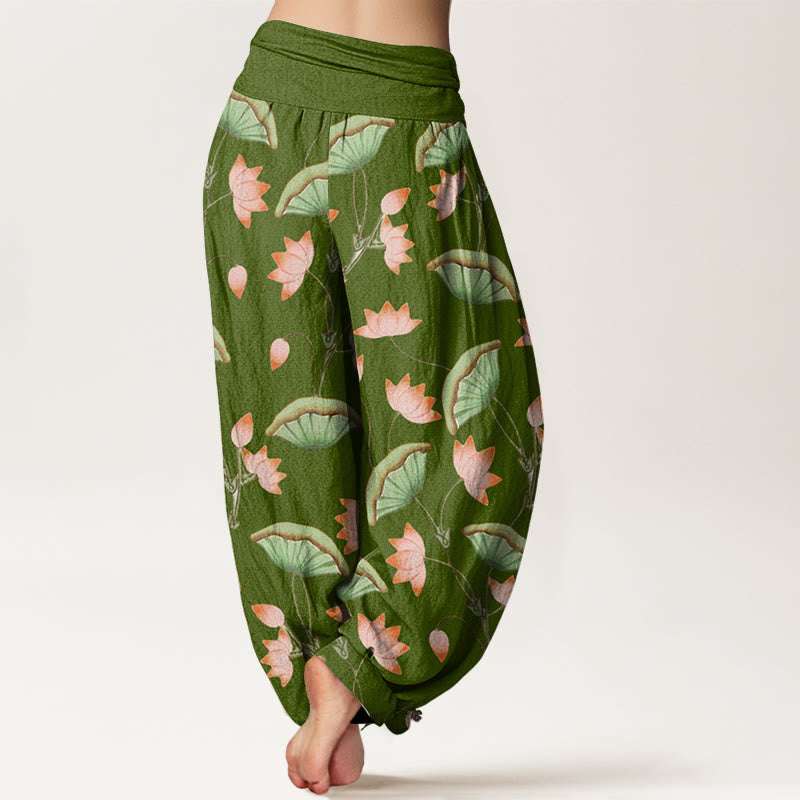 Buddha Stones Pink Lotus Flowers Lush Green Leaves Pattern Women's Elastic Waist Harem Pants - image 1