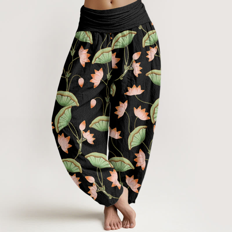 Buddha Stones Pink Lotus Flowers Lush Green Leaves Pattern Women's Elastic Waist Harem Pants - Black - US22,UK/AU26,EU54 (6XL) - image 4