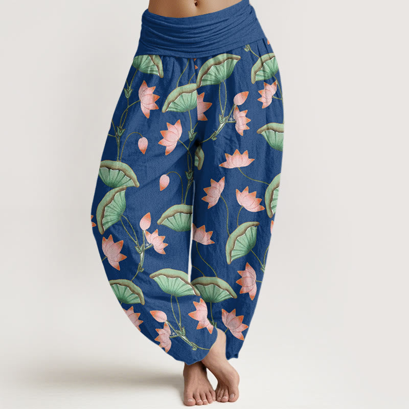 Buddha Stones Pink Lotus Flowers Lush Green Leaves Pattern Women's Elastic Waist Harem Pants - SteelBlue - US22,UK/AU26,EU54 (6XL) - image 7