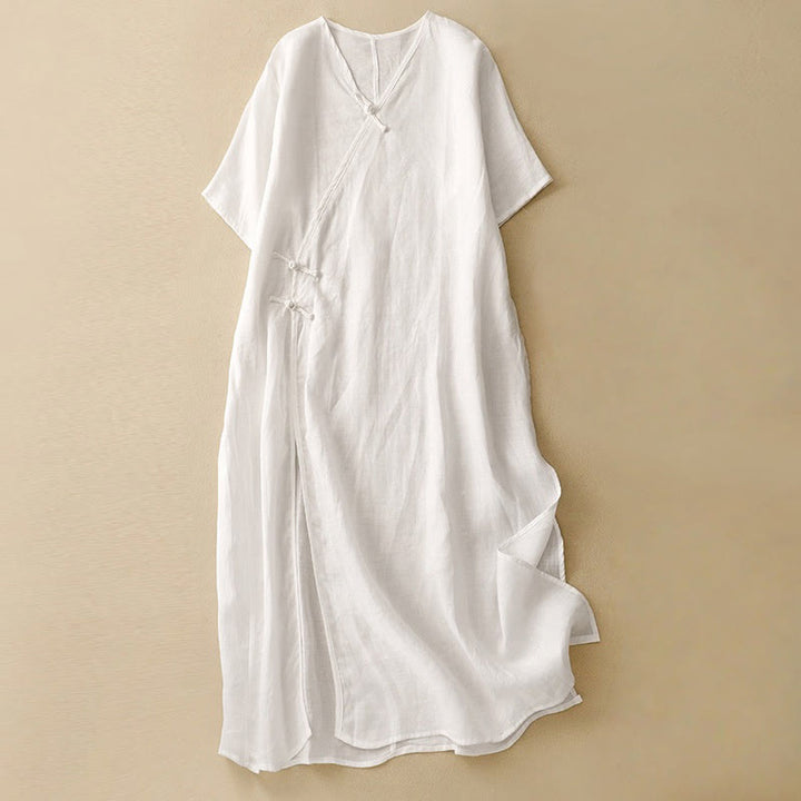 Buddha Stones Summer V-Neck Frog-Button Short Sleeve Cotton Linen Women's Midi Dress - White - US8-10,UK/AU12-14,EU40-42 (2XL) - image 11