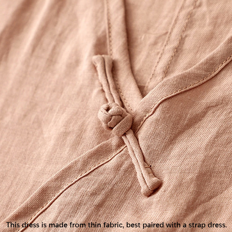 Buddha Stones Summer V-Neck Frog-Button Short Sleeve Cotton Linen Women's Midi Dress - image 3