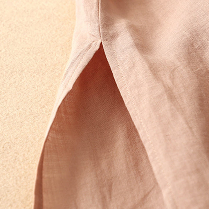 Buddha Stones Summer V-Neck Frog-Button Short Sleeve Cotton Linen Women's Midi Dress - image 6