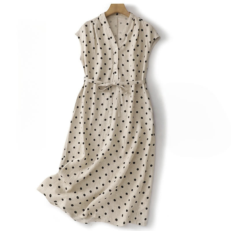 Buddha Stones Summer Polka Dot V-Neck Lace-up Cotton Linen Women's Midi Dress With Pockets - White - US14,UK/AU18,EU46 (2XL) - image 8