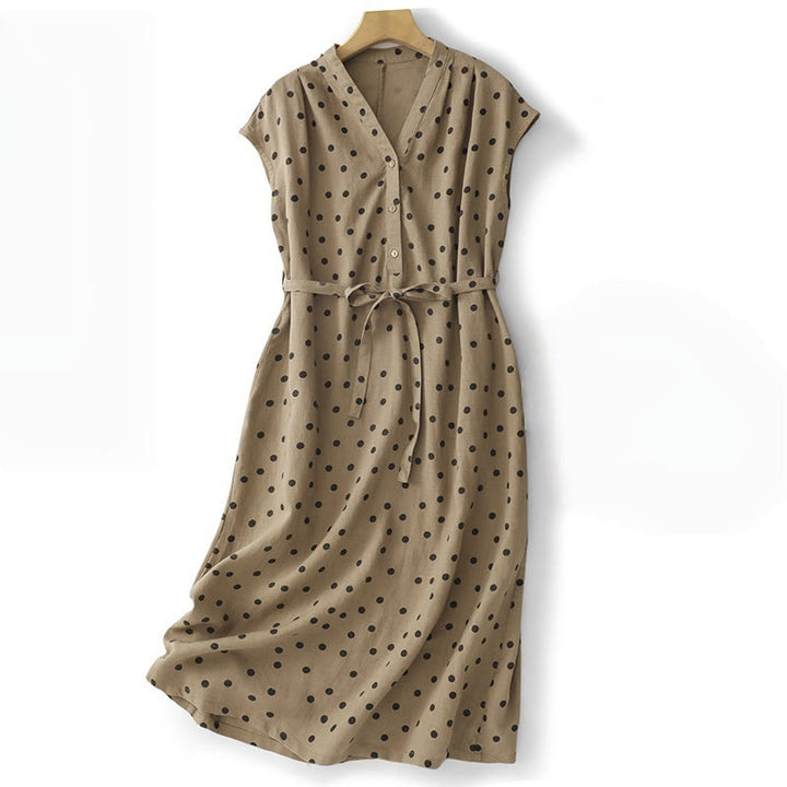 Buddha Stones Summer Polka Dot V-Neck Lace-up Cotton Linen Women's Midi Dress With Pockets - Tan - US14,UK/AU18,EU46 (2XL) - image 0